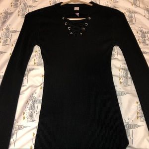 Black Long Sleeve Tie Up Neck